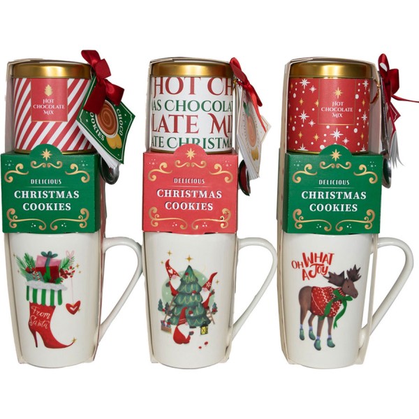 Taza de navidad con galletas y chocolate en polvo. 3 modelos variados