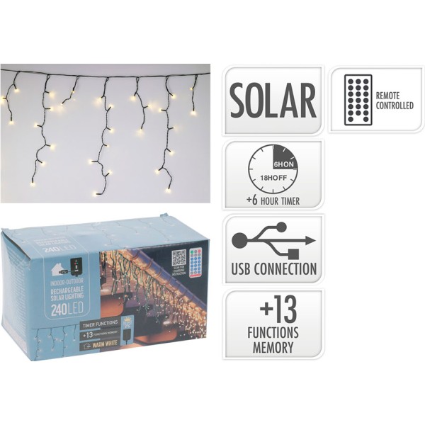 Cortina solar recargable, 240 leds, multifunción, luz cálida, exterior, 8 m