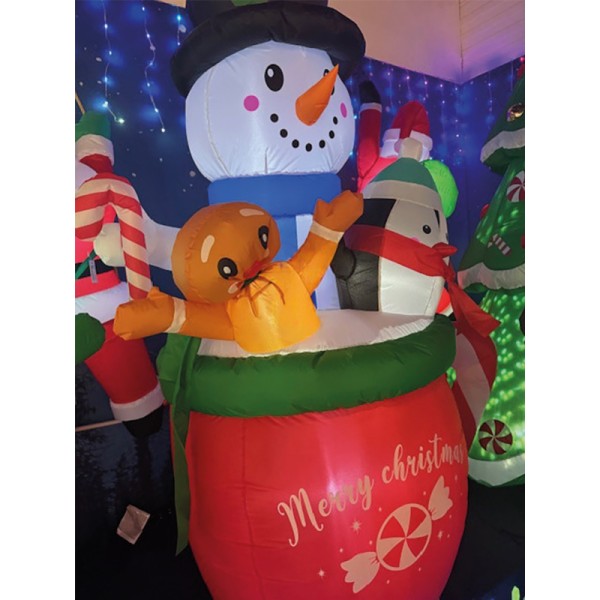 Figura hinchable con led para exterior, muñeco de nieve en taza, 130 x 80 x 183 cm