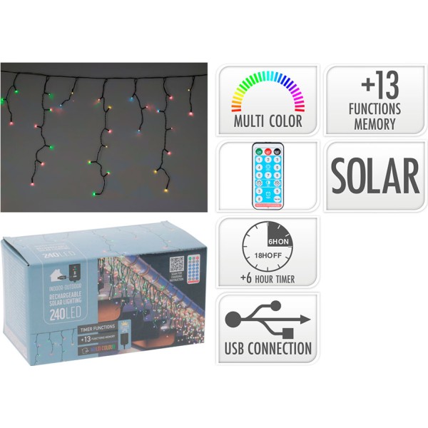 Guirnalda solar recargable, 240 leds, multifunción, multicolor, exterior, 8 m