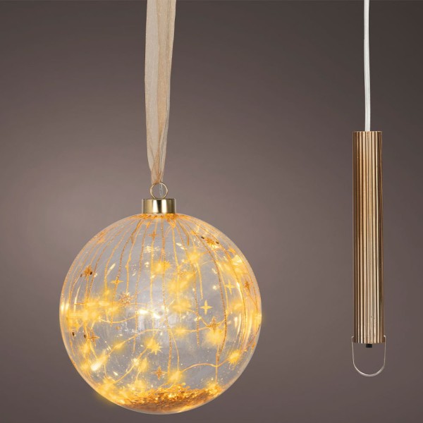 Bola micro led luz cálida, uso interior, a pilas, ø14 cm, transparente con detalles dorados, 30 leds