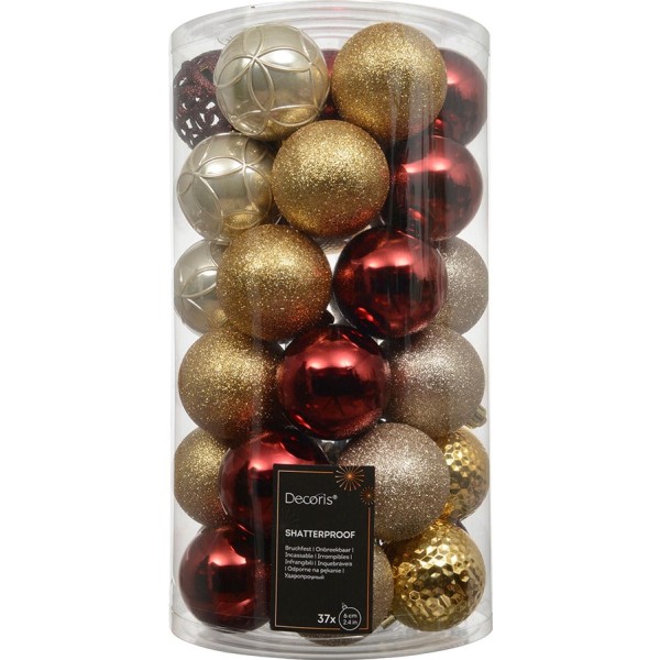 Bolas decoración árbol navidad ø6 cm, rojo y dorado, tubo 37 uds