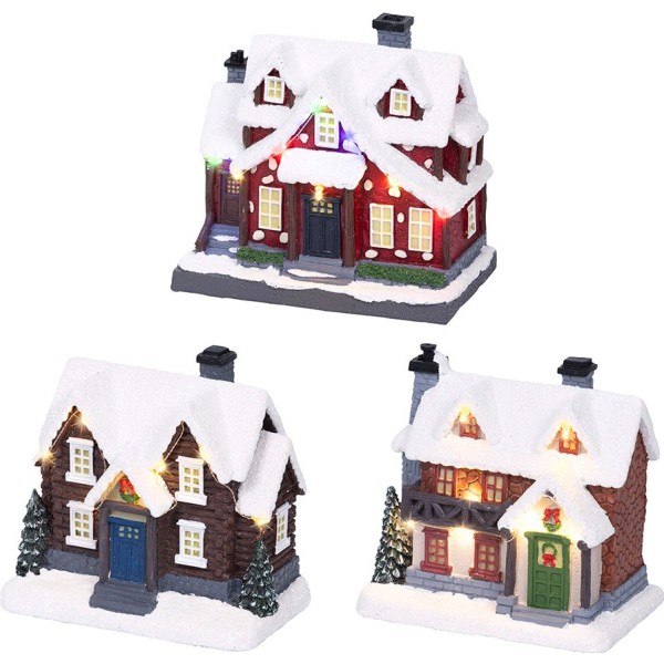 Casita de navidad con luz led fija, modelos variados, 13,5 x 8 x 12 cm